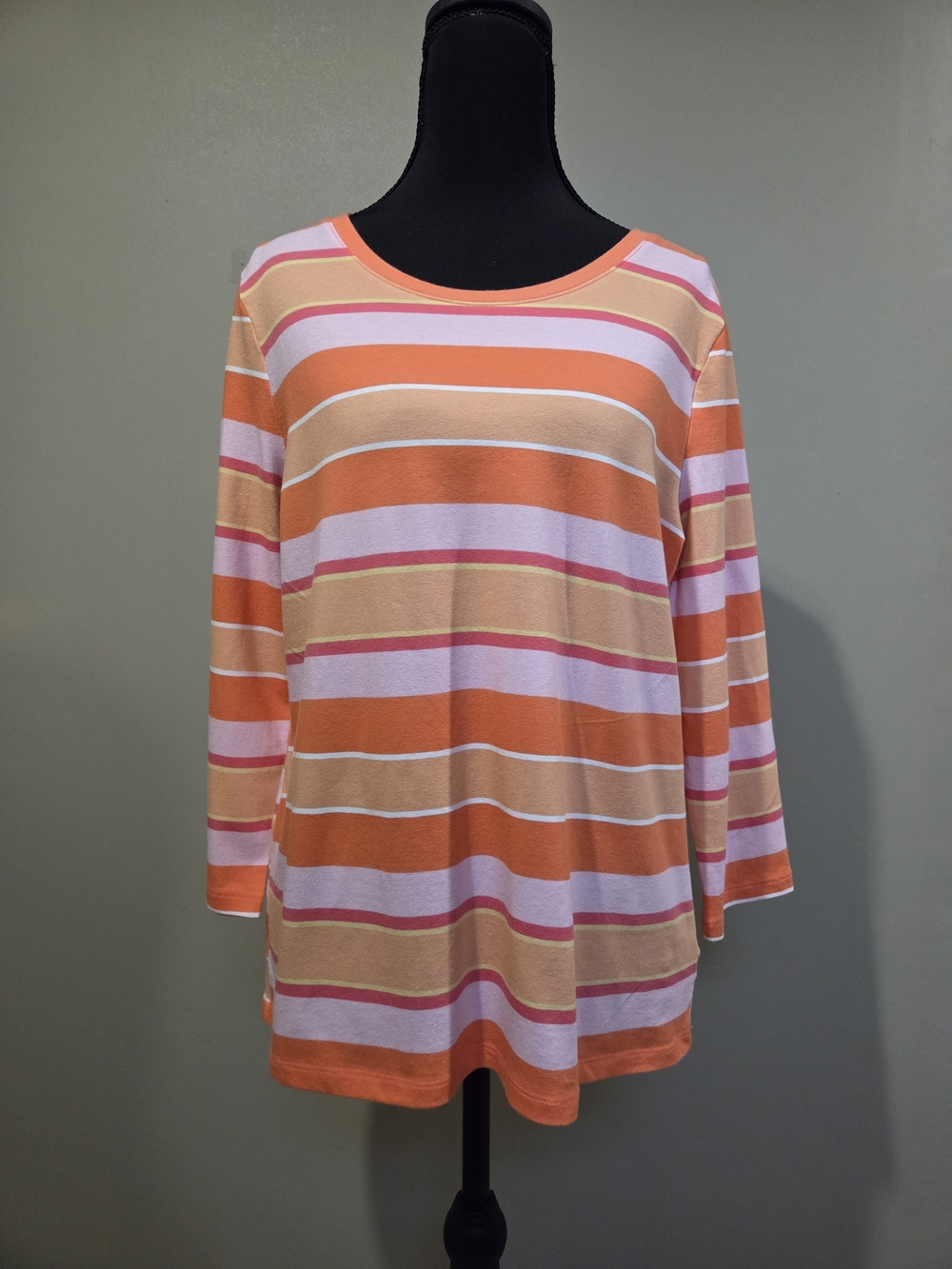 Talbots Striped Scoop Neck Long Sleeve Top in Orange, Pink, and Cream